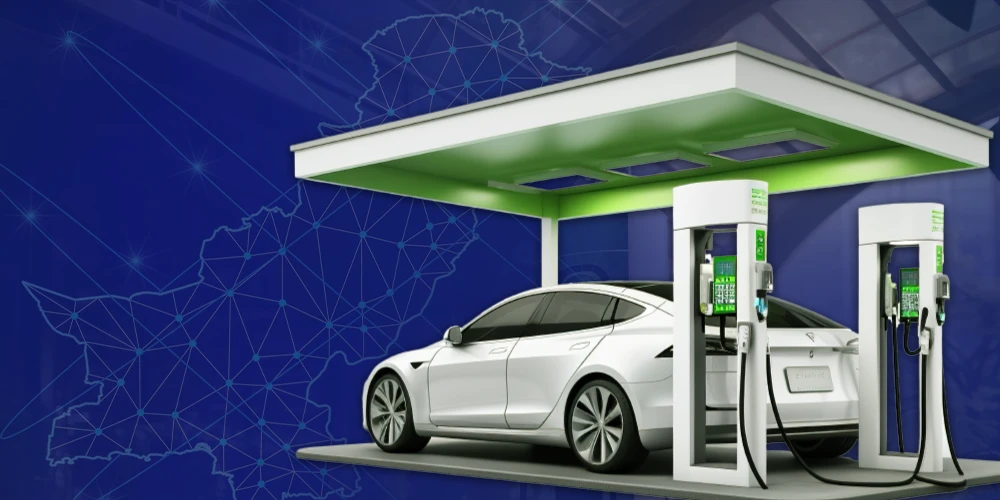 Electric vehicle plugged in at charging station